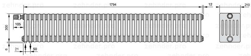 Схема (чертеж) Радиатор Zehnder Charleston 6030/39 №V001 Белый глянцевый RAL 9016